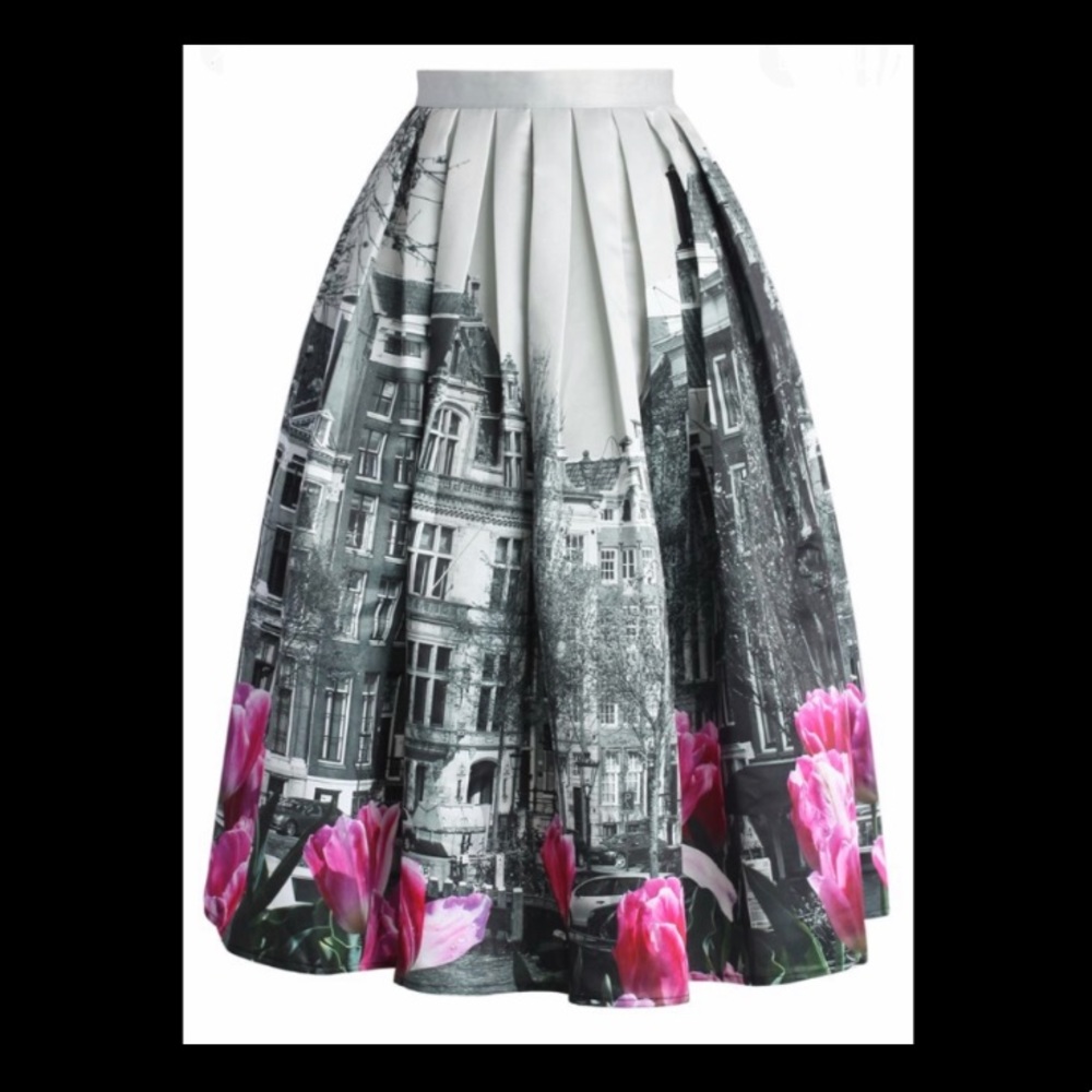 Chicwish silver midi skirt with pink tulips
